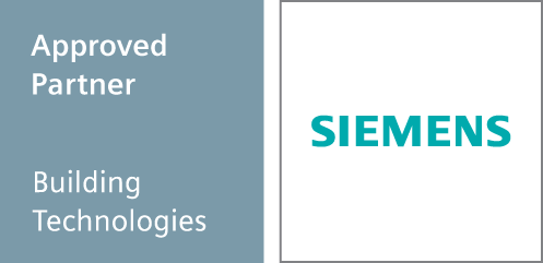 Logo showing "Approved Partner Building Technologies" on a blue background next to the Siemens logo on a white background.